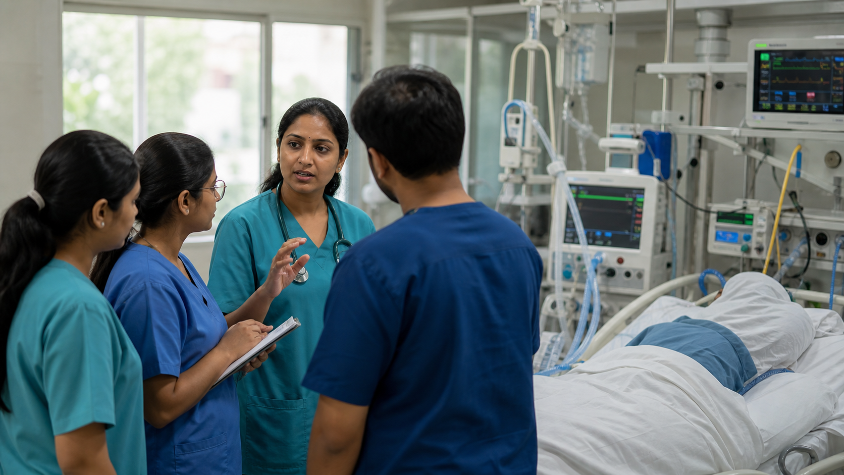 South Asian ICU team coordinating patient care