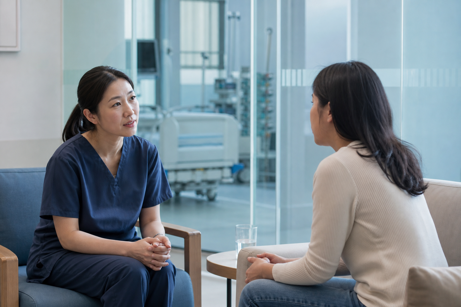 Asian ICU physician speaking with a family member