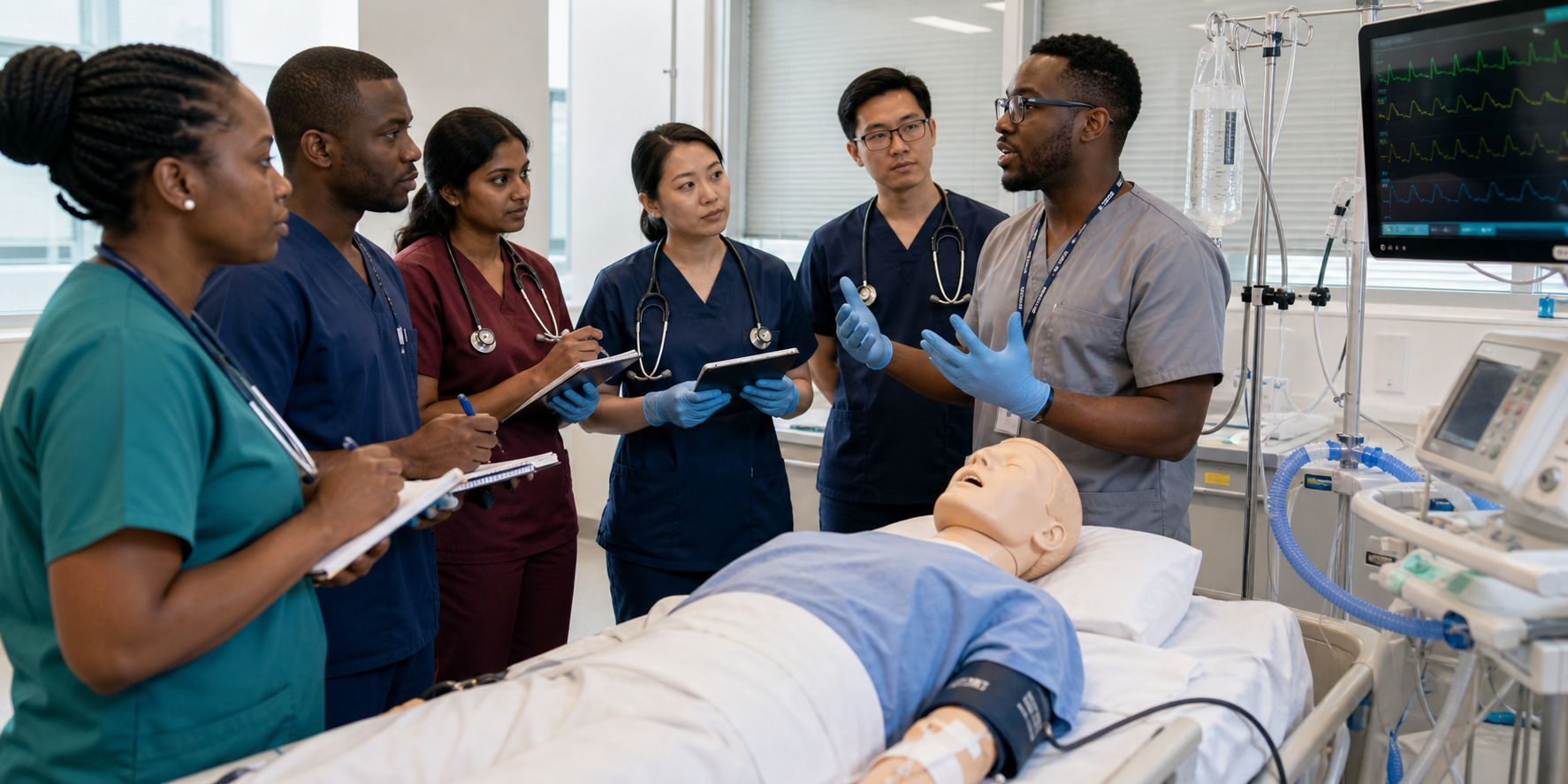 African and Asian clinicians in a critical care simulation workshop